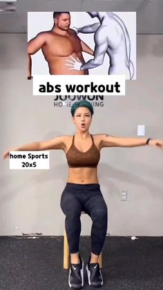 a woman sitting on top of a chair in front of a poster with the words abs workout