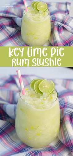 key lime pie rum slushie in a glass with two straws