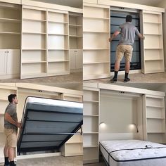 the man is trying to open the bookcase and put it in the bed frame