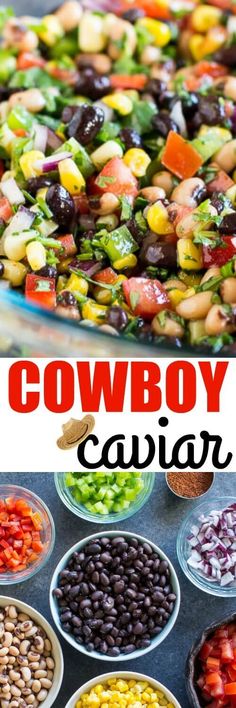 the cowboy cavia salad is ready to be eaten and served with beans, corn, tomatoes, black olives, peppers, onions, celery