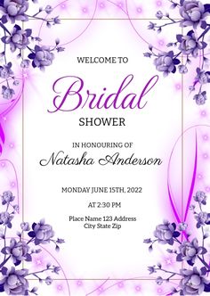 a purple and white bridal shower with flowers on the front, in an ornate frame