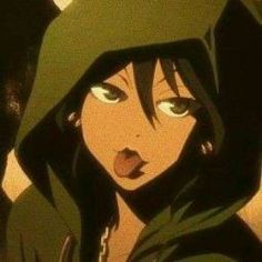 an anime character with her tongue out and eyes wide open, wearing a hoodie