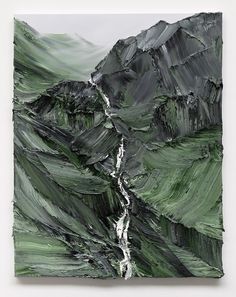 an abstract painting with green and black colors on the side of a mountain, which has a river running through it