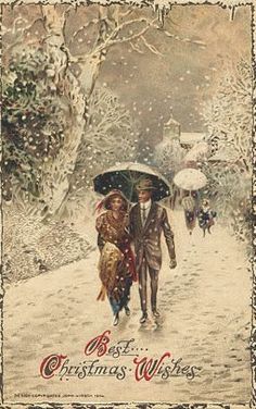an old fashioned christmas card with people walking in the snow