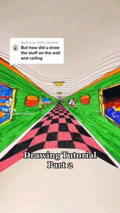 an animated drawing of a hallway with colorful walls and checkered flooring on it