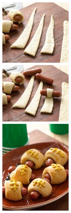 the process of making hot dogs in buns and crackers is shown with instructions for how to make them