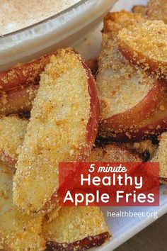 healthy apple fries on a plate next to a cup of coffee and cinnamon dip with the words healthy apple fries above it