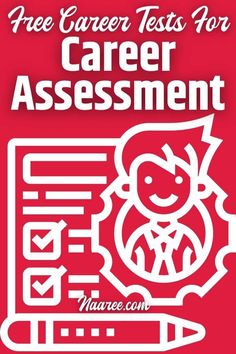 a red poster with the words free career tests for career management and an image of a person