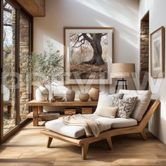 a living room with wood flooring and white furniture in front of a large window