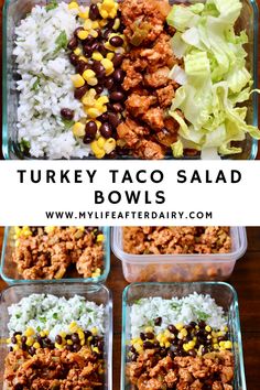 turkey taco salad bowls with rice, beans, and lettuce in them