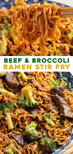 beef and broccoli ramen stir fry with chopsticks
