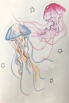 a drawing of a jellyfish with stars on it's back and its tail blowing in the wind