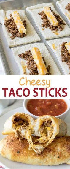cheese taco sticks on a white plate with sauce in the middle and other food items