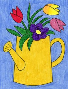 a drawing of a watering can with flowers in it