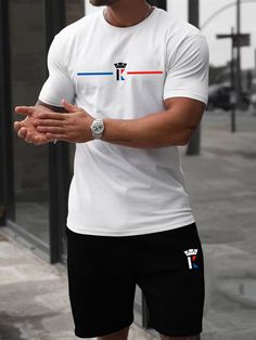 Black and White Casual Collar Short Sleeve  Letter  Embellished Slight Stretch Summer Men Co-ords Casual, Shorts, Outfits, Moda Hombre, Tee Shirt, Mens Summer, Tee Shirts, Men