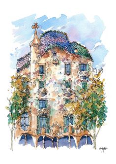 a watercolor painting of a building with trees in front
