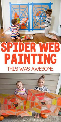 two children sitting on the floor with spider web paintings in front of them and text overlay that reads, spider web painting this was awesome