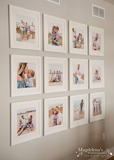 a wall with many pictures hanging on it's side and the family photos hung above them