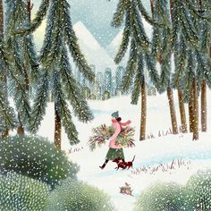 a painting of a woman running in the snow with a dog and christmas tree on her back