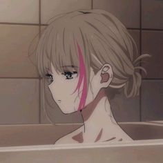 a woman with pink hair standing in a bathtub