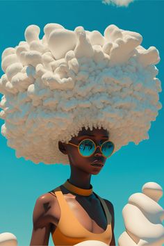 a woman with large white clouds on her head and sunglasses in front of a blue sky