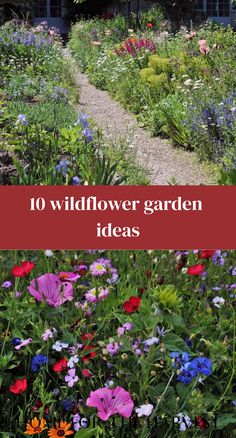 the words wildflower garden ideas are in front of an image of flowers and trees