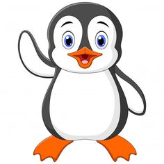 a cartoon penguin waving and smiling