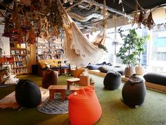 a room filled with lots of bean bags