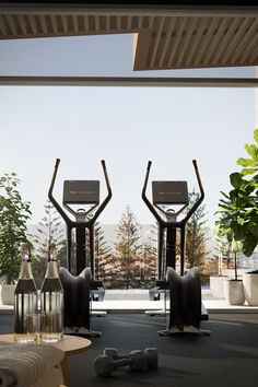 there are two exercise machines in the room with plants and vases on the floor