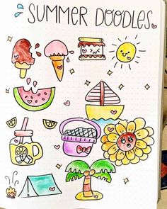 an open notebook with drawings on it and the words summer doodles written in black ink