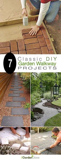 the steps are made out of bricks and laid on top of each other, with text overlay that reads 7 classic diy garden walkway projects