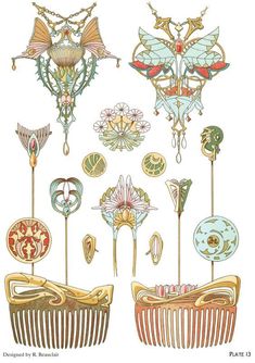 an assortment of hair combs with designs on them