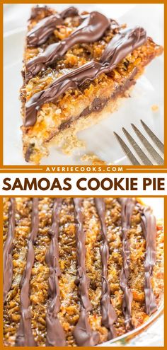 a close up of a cake with chocolate drizzled on top and the words samosa's cookie pie above it