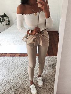 Solid Frills Trim Tie Waist Pocket Pencil Pants Womens Fashion, Cute Casual Outfits, Pants For Women, Fashion Outfits