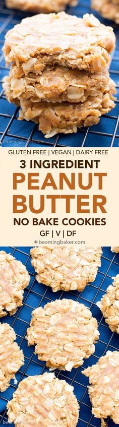 three ingredient peanut butter no bake cookies on a cooling rack with text overlay