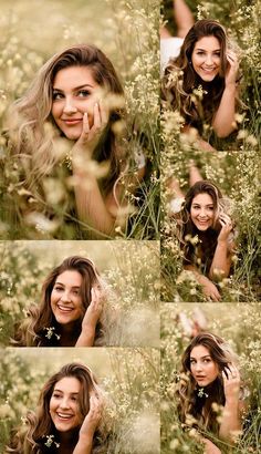 a beautiful woman laying in the grass with her hands on her face and smiling at the camera
