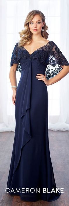 Formal Evening Gowns by Mon Cheri - Fall 2017 - Style No 217643 - navy blue chiffon evening dress with attached scalloped beaded lace capelet Chiffon Evening Dresses, Special Occasion Dresses, Evening Gowns Formal, Occasion Dresses, Mother Of The Bride Dresses Long