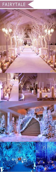 an image of a wedding ceremony with lights and trees on the aisle, decorated in white