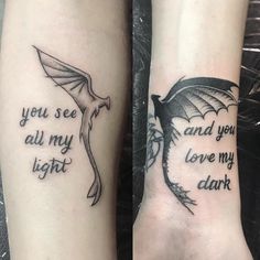 two wrist tattoos with words and a dragon on one side, and an image of a bird on the other