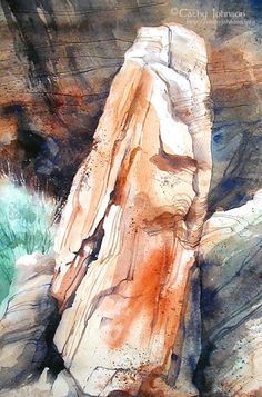 an artistic painting of rocks and watercolors in the desert, with green plants growing out of them