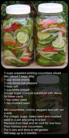 two jars filled with pickles and cucumbers