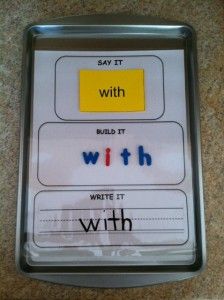 Say it, build it, write it sight word activity with Dollar Store cookie sheets. Word Work, Pre K, Sight Words, Phonics, Montessori, Word Recognition, Word Practice, Spelling Activities, Word Building