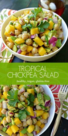 tropical chickpea salad with cilantro and avocado in two bowls