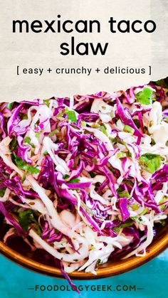 a close up of a bowl of coleslaw on a blue surface with the title above it