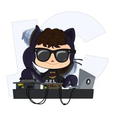 a cartoon cat dj playing music on his turntable with headphones and sunglasses over his eyes