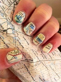 1.paint your nails white/cream   2.soak nails in alcohol for five minutes    3. press nails to map and hold     4. paint with clear nail polish immediately after.   You can do it with scrapbook paper too! Must do this!!! Kuku, Pin, Style