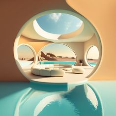 an artistic view of a living room with round windows and a pool in the middle