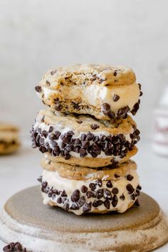 chocolate chip cookies and ice cream sandwiches stacked on top of each other