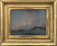 a painting with a full moon in the sky above some snow covered hills and trees