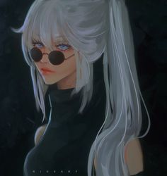 an anime character with long white hair and black eyeliners, wearing dark glasses